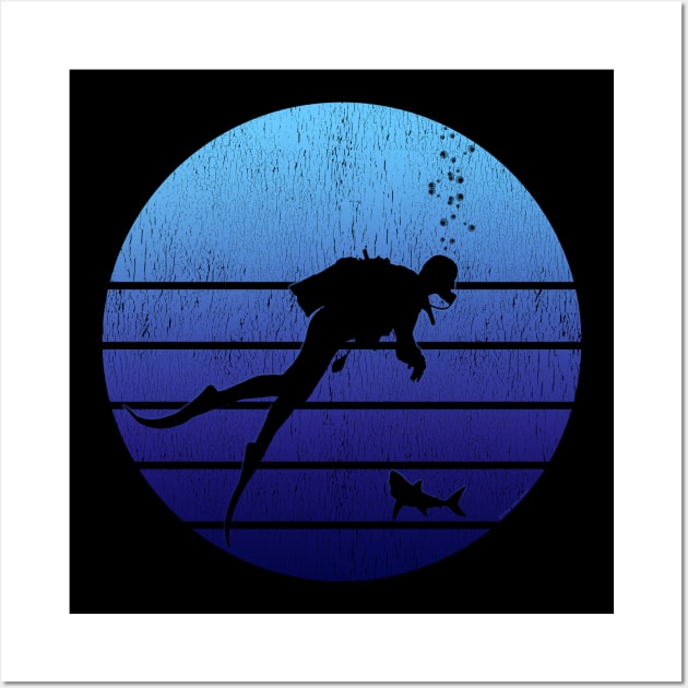 Cool Retro Distressed Blue Ocean Sunset Scuba Diver Wall Art by Dibble Dabble Designs